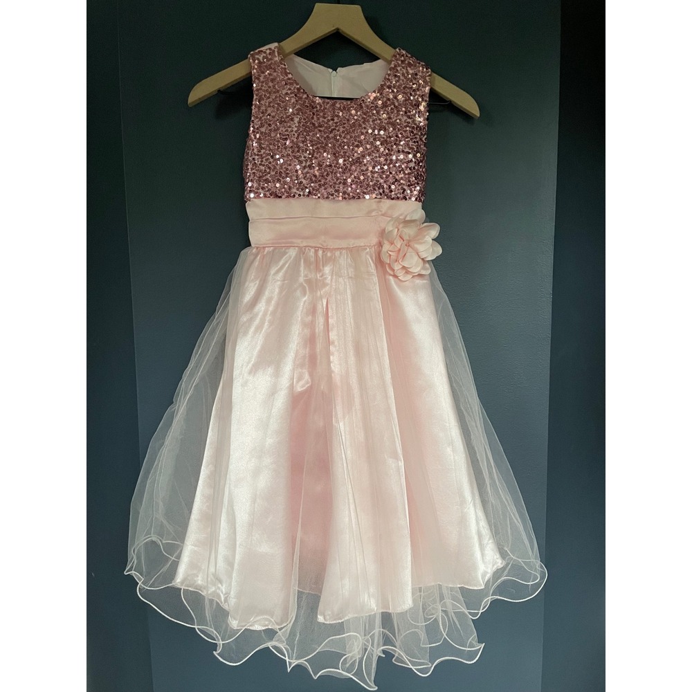 Girl's Pink Sequin Satin & Lace Dress Flower Pin